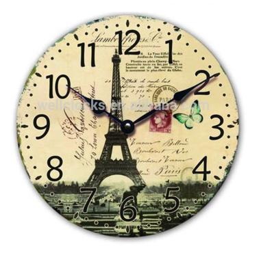 China European Eiffel Tower Picture Painting Calendars Vintage Style Wooden Decorative Wall Clock for sale