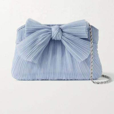 China Other Ladies Evening Clutches Pinch Bow Designed For Party Prom Wedding Handbags Light Blue Satin Clutches for sale