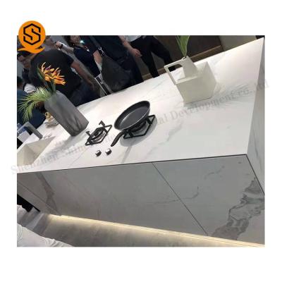 China Easy clean high quality white artificial marble kitchen countertop with sink calacatta quartz kitchen countertop for sale