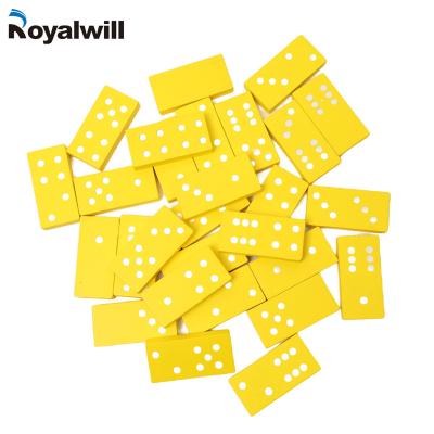 China Dots Yellow Dominoes Set Engraved 28 Tiles Double Six Wooden Custom Boxes Packing Box Custom Logo Dominoes for sale