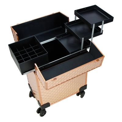 China Hot Sale Vintage Cosmetic Case Aluminum Makeup Trolley Beauty Professional Cosmetic Case Trolley Case for sale