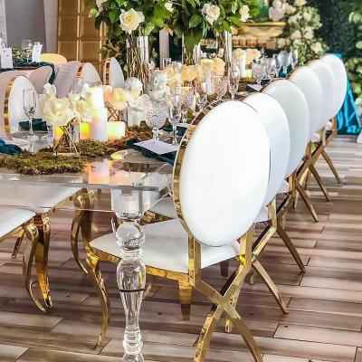 China Hot EUROPEAN Turned Back Cross Back Luxury Stainless Steel Gold Leg Party Events Chairs For Wedding Reception for sale