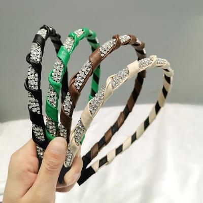 China 2022 New Fashion Rhinestone Leather Headbands For Women Girls Spring Fashion Wrap Bling Accessories Hair Circle for sale