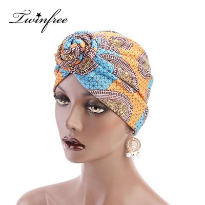 China Muslim Knotted Cowl Hat Pre-Tied Knot African Ethnic Flower Turban Women Headwrap Cowls Retro Image for sale