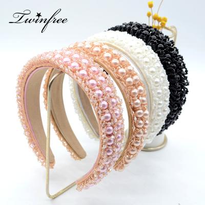 China Bling Rhinestone Hair Accessories For Women Baroque Pearl Handband For Women Headdress Rhinestone Bling Hair Band Luxury Bridal Accessories for sale