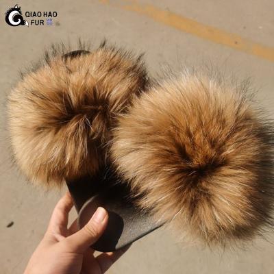 China 2021 Fashion Trend Wholesale Custom Luxury Multicolor Women's Fluffy Fur Slides Fox Fur Slippers Fur Slides for sale