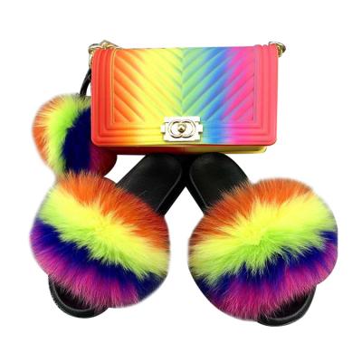 China Fashion Trend Women's Fashion Colorful Fox Fur Slides With Handbags Sets for sale