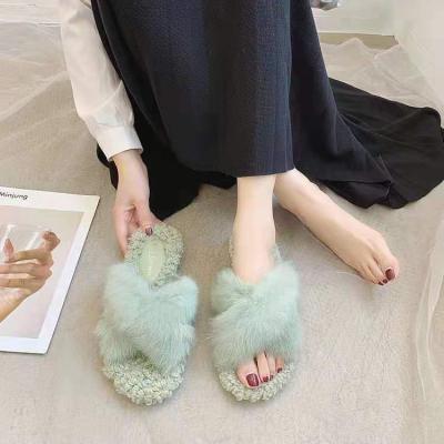 China Wholesale fur slipper summer 2021 delivery fashion trend 100% real fur strip comfortable furry quick furry custom cross slippers for sale