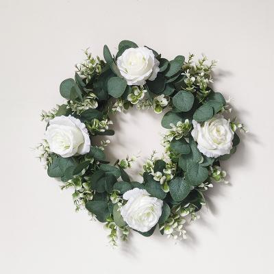 China Rattan Circle + Home Decor Simulated Rose Wreath Green Leaves Eucalyptus Garland Artificial Flower Wreath For Door Artificial White Decoration Flowers for sale