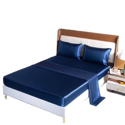 China 2022 Modern Wholesales Customized Blue Imitated Silk Fabric Sheet And Pillowcase Sets for sale