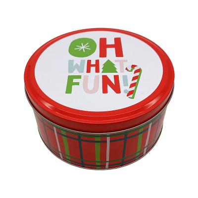 China Recyclable Customized Christmas Gift Box With A Lid Round Metal Storage Box Cookie Tin Boxes for sale