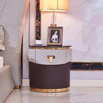 China Customized luxury marble top round nightstand fashional design solid wood bedside cabinet modern bedside cabinet for sale