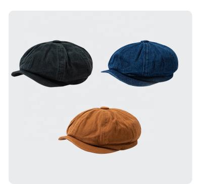 China Breathable Comfort Cotton Black Plain Colors Jean Cap Autumn Fabric Adjustable Fashion Beret Hat Blue With Brim Newsboy for sale