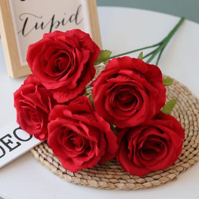 China Artificial Velvet Rose Flannel Bouquet High Grade Silk Rose Flower 5 Heads Artificial Flower Bouquets For Wedding Use for sale