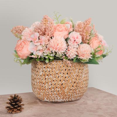 China 2022 Hot Selling Mini Rose Bunches of Bouquet 7 Artificial Silk Home Table Centerpieces Rose Hydrangea Hand Bouquets For Heads for sale