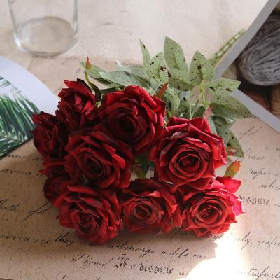 China Artificial Flower Bouquet Plant Head 9 Large Heads Rose Bouquets Artificial Red Rose Flowers For Wedding Mothers Day for sale