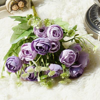 China Mini Tea Rose Artificial Tea Rose Flower Mini Flower 5 Purple Branches Bouquet For Sale for sale