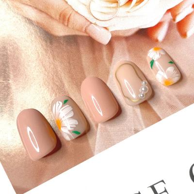 China Easy Apply JOYME Style Shiny Daisy Flower Pattern Nail Tip Pearl Pre Designed Press On Nail Tip Oval Shape Beauty Fake Nail for sale