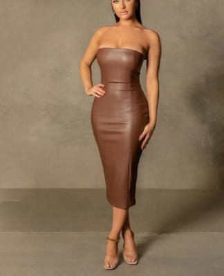 China Manufacturer Sexy Elegant Strapless Bodycon Midi Club PU Faux Leather Dress Women Viable for sale