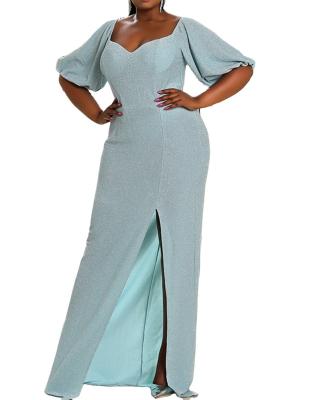 China Anti-Static Anti-Static Custom Design Elegant Women Plus Size Prom Puff Sleeve Slit Thigh Edge Rhinestone Maxi Dress for sale