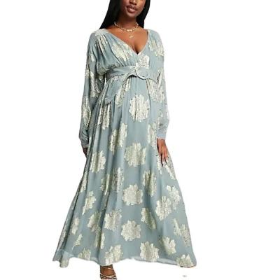 China High Quality Antibacterial Jacquard Batwing Midi Metallic Tea Belted Maternity Dress for sale