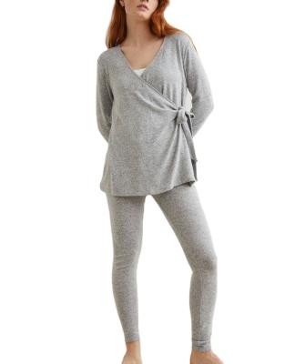 China Autumn Elegant Casual Pregnancy Pajamas Sleepwear Custom Antibacterial Waist Wrap V-Neck Antibacterial Nursing Maternity Pajamas for sale