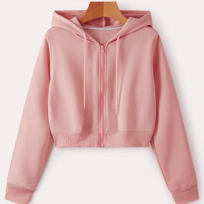 China 2021Heavyweight Anti-Wrinkle Logo Fleece Solid Drawstring Zip Custom Empty Thick High Shoulder Cropped Hoodie For Women for sale