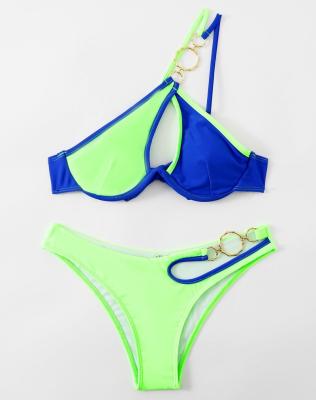 China Cotton+ QUICK DRY Spandex Two Tone Asymmetrical Ring Linked Cut Summer Beach Bikini Extinguishing QUICK DRY Custom Swimsuit for sale