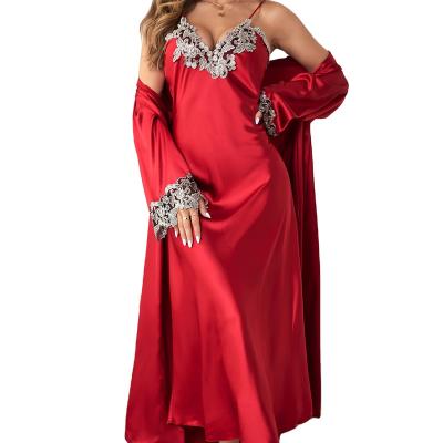 China New Fashion Satin Long Robe Sleepwear Sexy Belted Pajamas High Quality Anti-Static Silk Embroidery Anti-Static Long Robe Pajamas For Women for sale