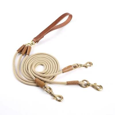 China Lights Nylon dog Round leash slip pet leads with genuine leather handle 5 foot long durable strong solid brass hook clasp for sale