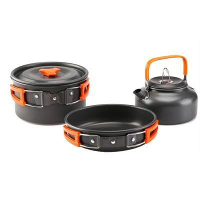 China Outdoor camping increasing traveling lightweight portable aluminum cookware set with camping pot kettle pan for sale