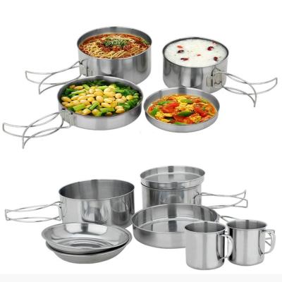 China Sustainable 8 Pcs Stainless Steel Camping Cookware Set With Stove Camping Pot for sale