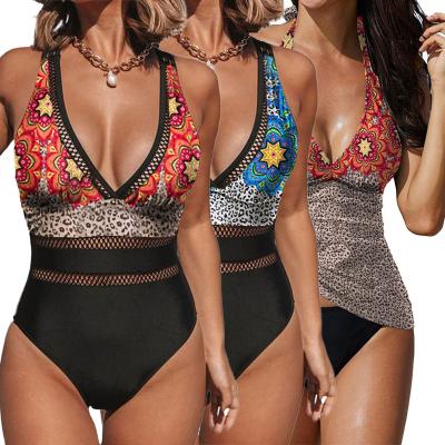 China 2022 Breathable Leopard Print Color Block Girl Swimwear Tankini Designer Mesh Sexy Swimsuit One Piece for sale