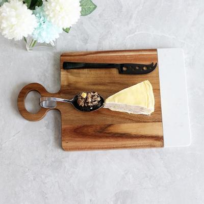 China Durable Handle Marble Ring Chopper Chopper Cheesecake Dessert Solid Wood Splicing Tray for sale