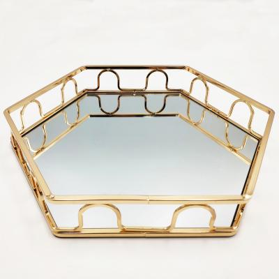 China Luxury Gold Jewelry Home Decor Luxury Gold Home Vanity Perfume Table Storage Hotel Restaurant Mirror Glass-metal Decorative Serving Tray for sale