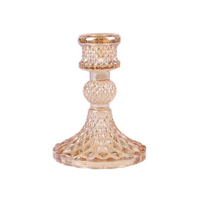 China Luxury Crystal Glass Taper Clear Gold Candlestick Candle Holder for Table Wedding Dining and Party for sale