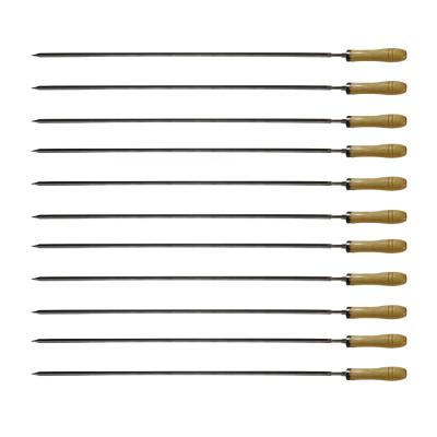 China Adjustable Outdoor Kebab BBQ Set Stainless Steel Waist Handle Skewer Flat Square Wooden BBQ Fork for sale