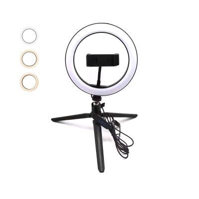 China Amazon Hot Selling 8 Inch Photography Visual Makeup Shooting Studio Outdoor Make Up Light Filling Live Stream Video LED Light Phone Holder With Round Tripod Stand Light for sale