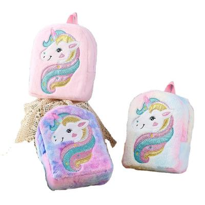 China For New Baby Embroidery Unicorn Cartoon Plush Backpack Large Capacity Girls Backpack Cute Kindergarten School Bag for sale