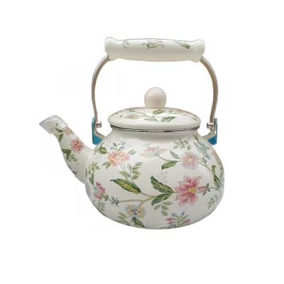 China Sustainable Vintage Enamel Green Floral Enamel On Teapot Steel Tea Kettle With Cool Touch Porcelain Handle For Stovetop for sale