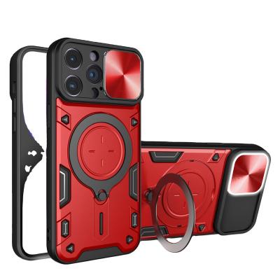 China 2023 Shockproof Car Mount Magnetic Ring Stand Phone Case For iPhone 12 13 Pro Slide 14 15 Max Window Camera Cover Device For Samsung S2 for sale