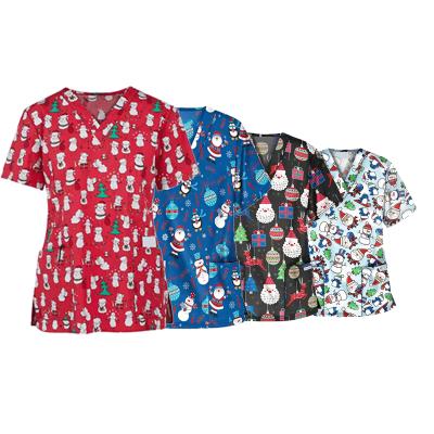 China Breathable Christmas Printed V-Neck Short Sleeves Plus Size Medical Women Printed Scrub Tops Nursing Uniforms for sale