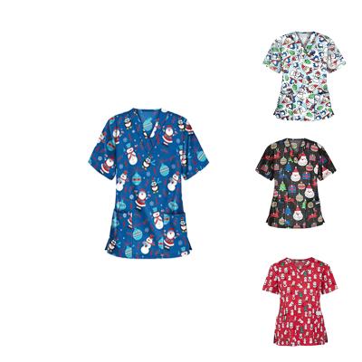 China Polyester Print Breathable Medical Nurses Christmas Scrub Top Uniform Team Hospital Nursing Scrub Uniform for sale