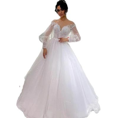 China Breathable Sexy Wedding Dresses Off The Shoulder Puff Sleeve Tulle A Line Princess Wedding Evening Gowns Plus Size Wedding Dresses for sale