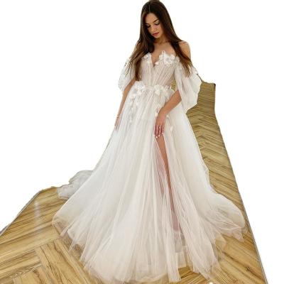 China 2022 Breathable Wedding Dresses Appliques Off The Shoulder Split Princess Wedding Evening Gown Floor Length High Shoulder Bride Dress Plus Size for sale