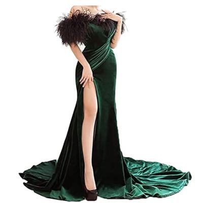 China Breathable Feather Velvet Mermaid Prom Dress Off Shoulder Long Formal Party Gown Evening Dress With Slit for sale