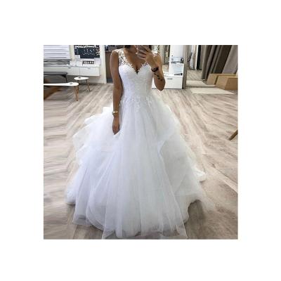 China High Quality Custom Made Breathable Ruffle Sleeveless Lace Up Back Organza Wedding V-Neck Lace Bridal Ball Gown for sale