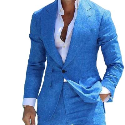 China Blue Anti-Wrinkle Suit Summer Beach Wedding Canvas Tuxedos Peaked Lapel One Button Groom Formal Wear Best Man Suits (Jacket+Pants) for sale