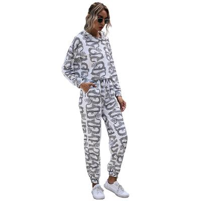 China Amazon Street Fashion Chinese Style Printed Breathable Hot Selling Hooded Sweater Suit Women 2 Piece Set for sale