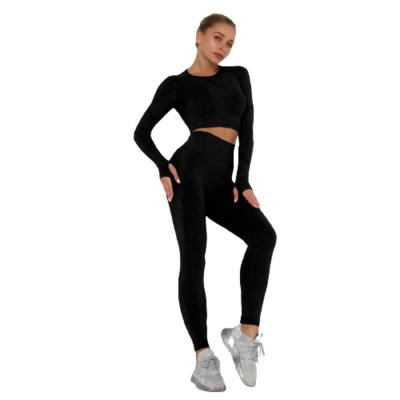 China 2021 Breathable Pleated Leggings Seamless High Waist Slim Sports Long Sleeve Yoga 2 Pieces Set In Stock for sale